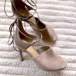 Marc Fisher Taupe Suede & Faux Leather Lace-Up Stiletto Heels – Size 7.5M